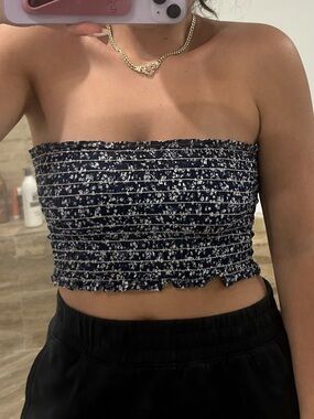 Navy & White floral Smocked Strapless Crop Top one size